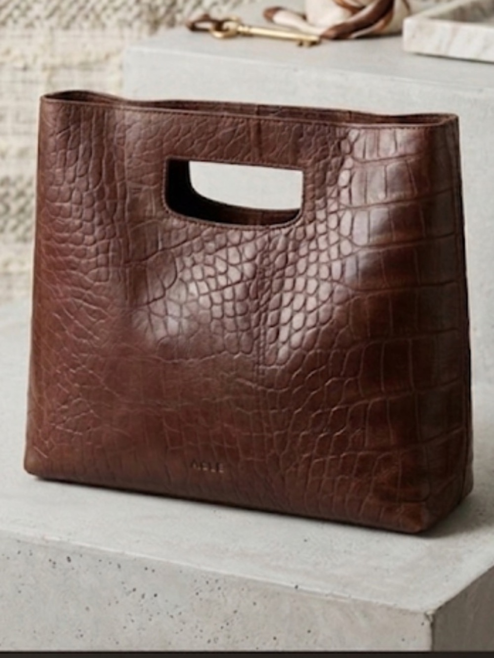 ABLE Croc-Embossed Chocolate Brown Leather Tote Shoulder Hand Bag